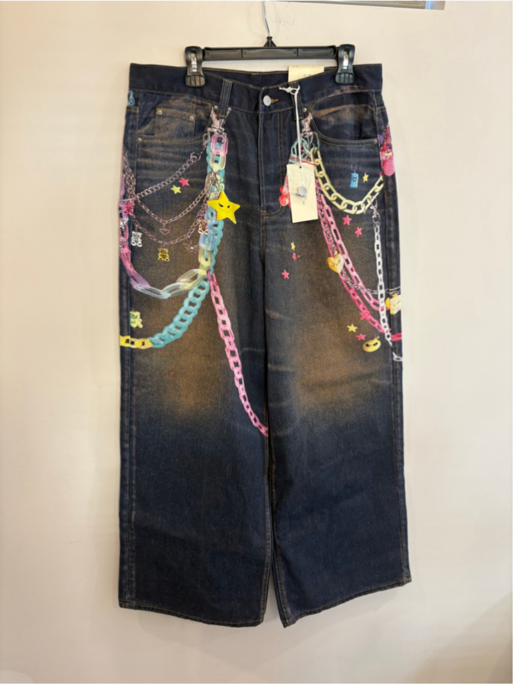 Men's mnml Rave Chain Printed Straight Jeans Blue Size 34 - Unisex #GH